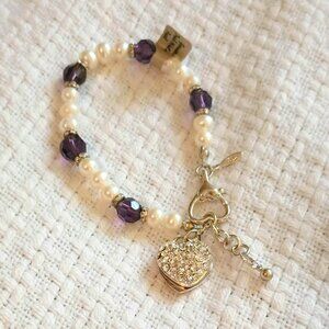 Silver Freshwater Pearl Bracelet 7" Womens Pave' Heart Charm Purple Bead Jewelry